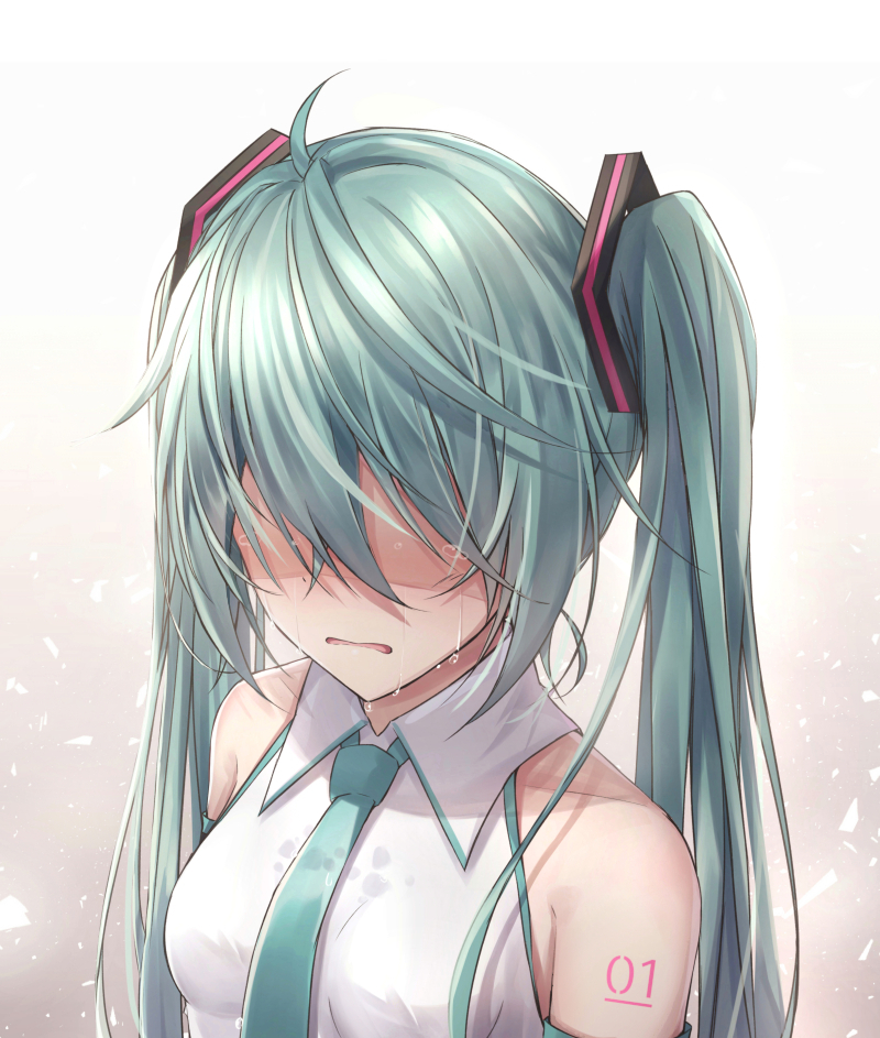 1girl ahoge akira_(been0328) bangs bare_shoulders breasts collarbone collared_shirt commentary_request crying detached_sleeves eyebrows_visible_through_hair faceless faceless_female facing_viewer green_hair green_neckwear hair_ornament hatsune_miku long_hair necktie parted_lips shaded_face shirt sleeveless sleeveless_shirt small_breasts solo tears twintails vocaloid wet wet_clothes wet_shirt white_shirt