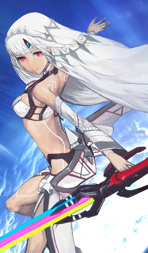 1girl altera_(fate) bangs bare_shoulders blue_background breasts choker closed_mouth dark_skin detached_sleeves fate/grand_order fate_(series) feet_out_of_frame full_body_tattoo head_tilt headdress holding holding_weapon huke midriff photon_ray red_eyes revealing_clothes short_hair showgirl_skirt skirt small_breasts smile sword tan tattoo thighs veil weapon white_skirt