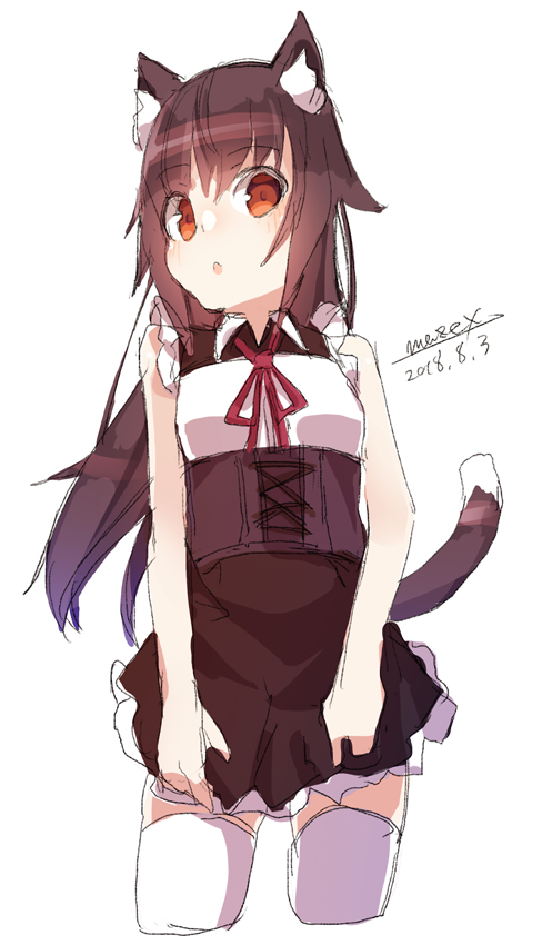 1girl animal_ears bangs bare_arms bare_shoulders blush brown_hair brown_skirt cat_ears cat_girl cat_tail collared_shirt cropped_legs dated eyebrows_visible_through_hair hair_between_eyes long_hair maze_(gochama_ze_gohan) neck_ribbon original parted_lips red_eyes red_ribbon ribbon shirt signature simple_background sketch skirt sleeveless sleeveless_shirt solo tail thigh-highs very_long_hair white_background white_legwear white_shirt