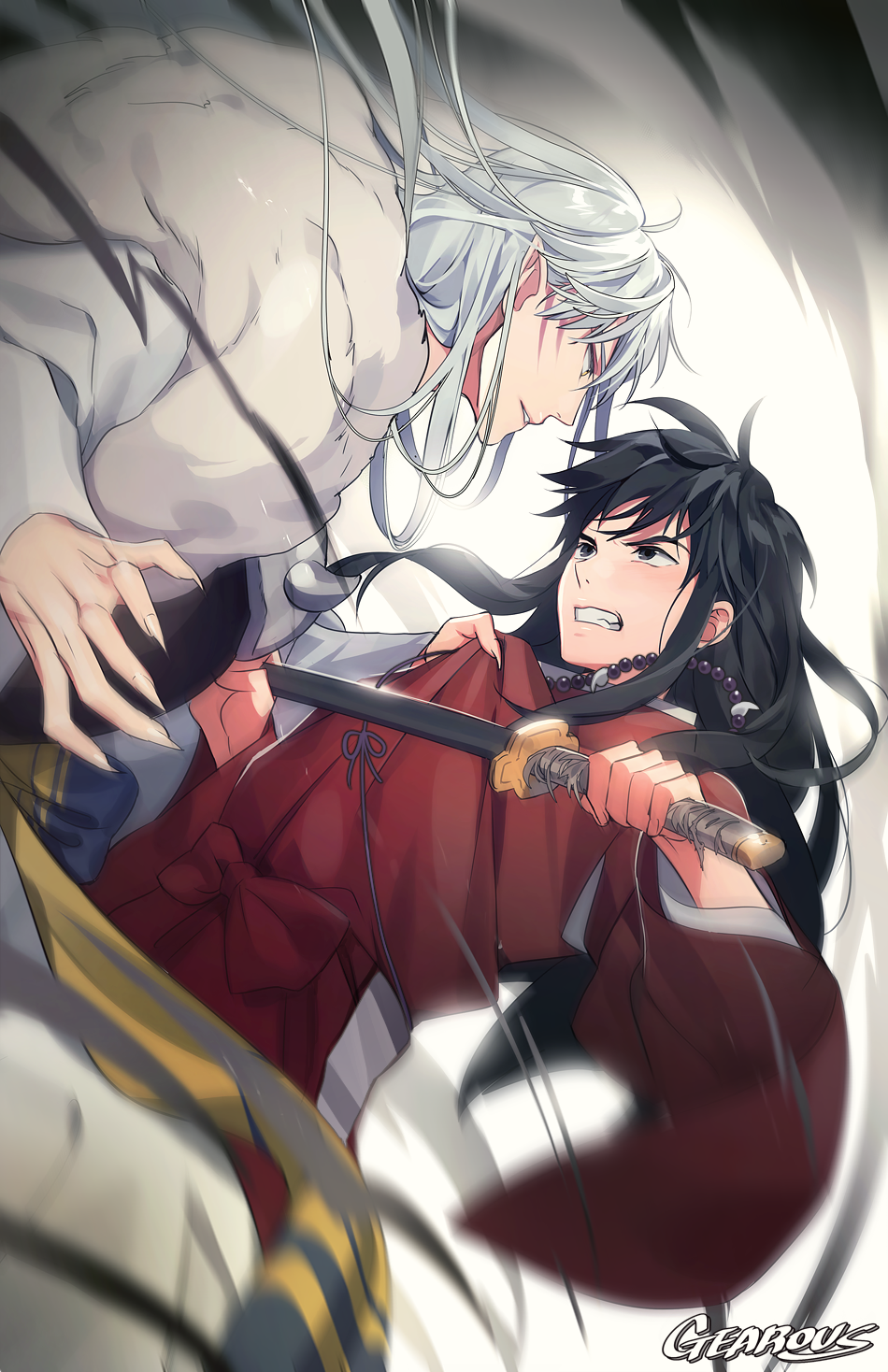 2boys black_eyes black_hair brothers clenched_teeth eye_contact facial_mark fingernails floating_hair gearous highres holding holding_sword holding_weapon inuyasha inuyasha_(character) japanese_clothes katana kimono long_hair looking_at_another male_focus multiple_boys red_kimono sesshoumaru sharp_fingernails siblings silver_hair sword teeth weapon