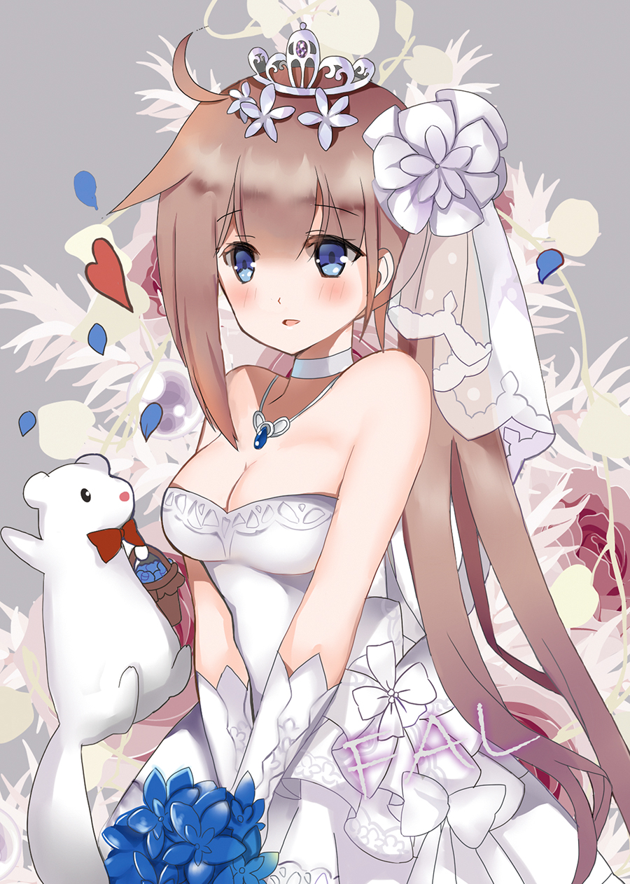 1girl animal bangs bare_shoulders basket blue_eyes blue_flower blush bouquet bow bowtie breasts choker cleavage commentary_request dress elbow_gloves eyebrows_visible_through_hair fal_(girls_frontline) ferret flower girls_frontline gloves hair_between_eyes hair_flower hair_ornament highres holding holding_basket holding_bouquet jewelry light_brown_hair long_hair lunacats medium_breasts parted_lips pendant petals red_neckwear see-through side_ponytail sidelocks solo strapless strapless_dress tiara veil very_long_hair white_choker white_dress white_flower white_gloves