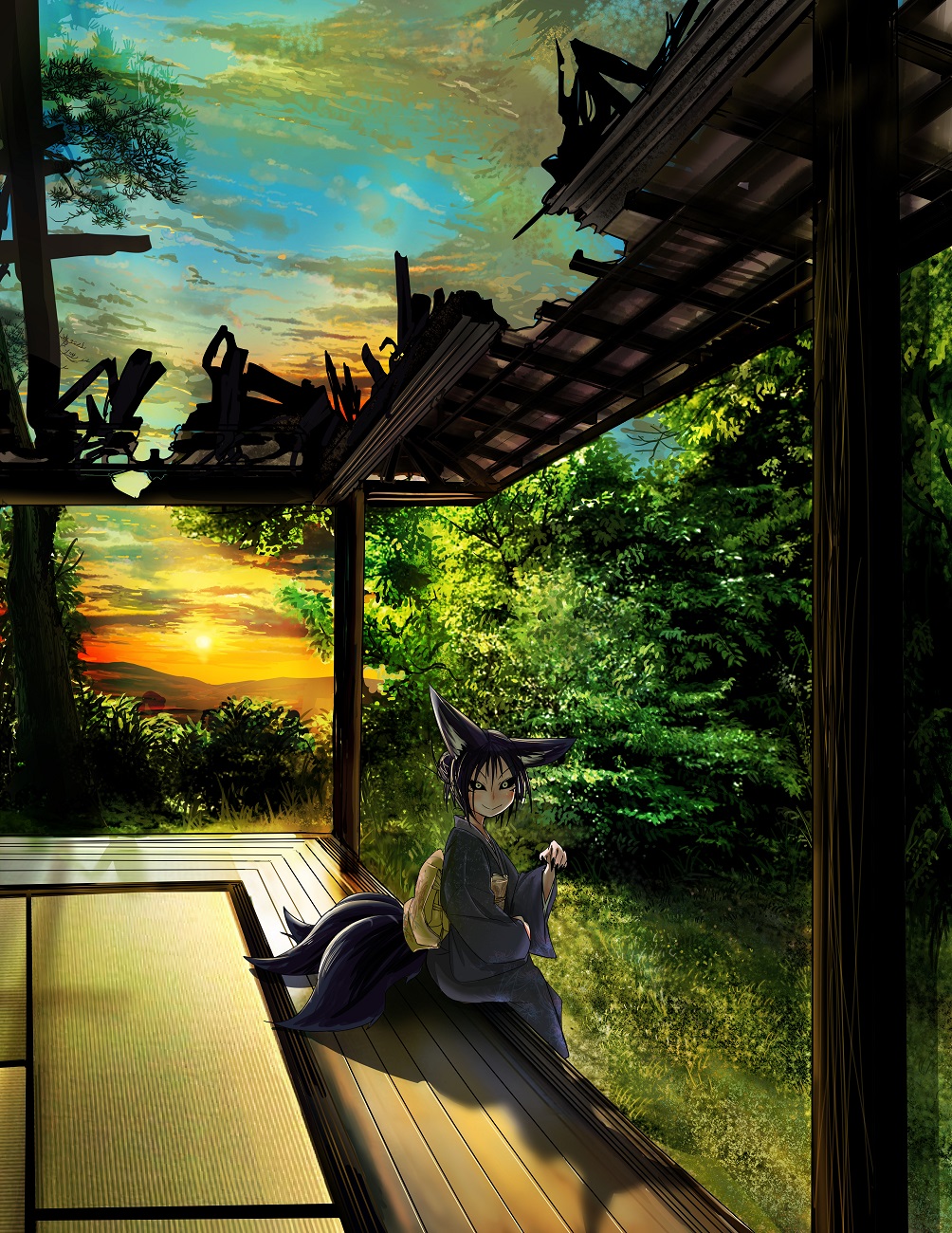 1girl animal_ears black_hair black_kimono black_nails black_sclera blush closed_mouth clouds cloudy_sky commentary_request doitsuken ear_down fingernails forest fox_ears fox_tail from_side grey_eyes highres japanese_clothes kimono kitsune_spirit_(doitsuken) long_sleeves looking_at_viewer looking_to_the_side multiple_tails nail_polish nature obi original outdoors ruins sash scenery sitting sky smile solo sunset tail tatami tree