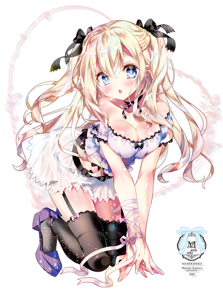 2018 bangs bare_shoulders black_bow black_legwear blonde_hair blue_eyes blush bow breasts cleavage collarbone commentary_request eyebrows_visible_through_hair garter_straps hair_between_eyes hair_bow head_tilt heart high_heels kamiya_maneki long_hair medium_breasts original parted_lips puffy_short_sleeves puffy_sleeves purple_footwear purple_shirt see-through shirt shoes short_sleeves skirt solo thigh-highs two_side_up very_long_hair white_background white_skirt