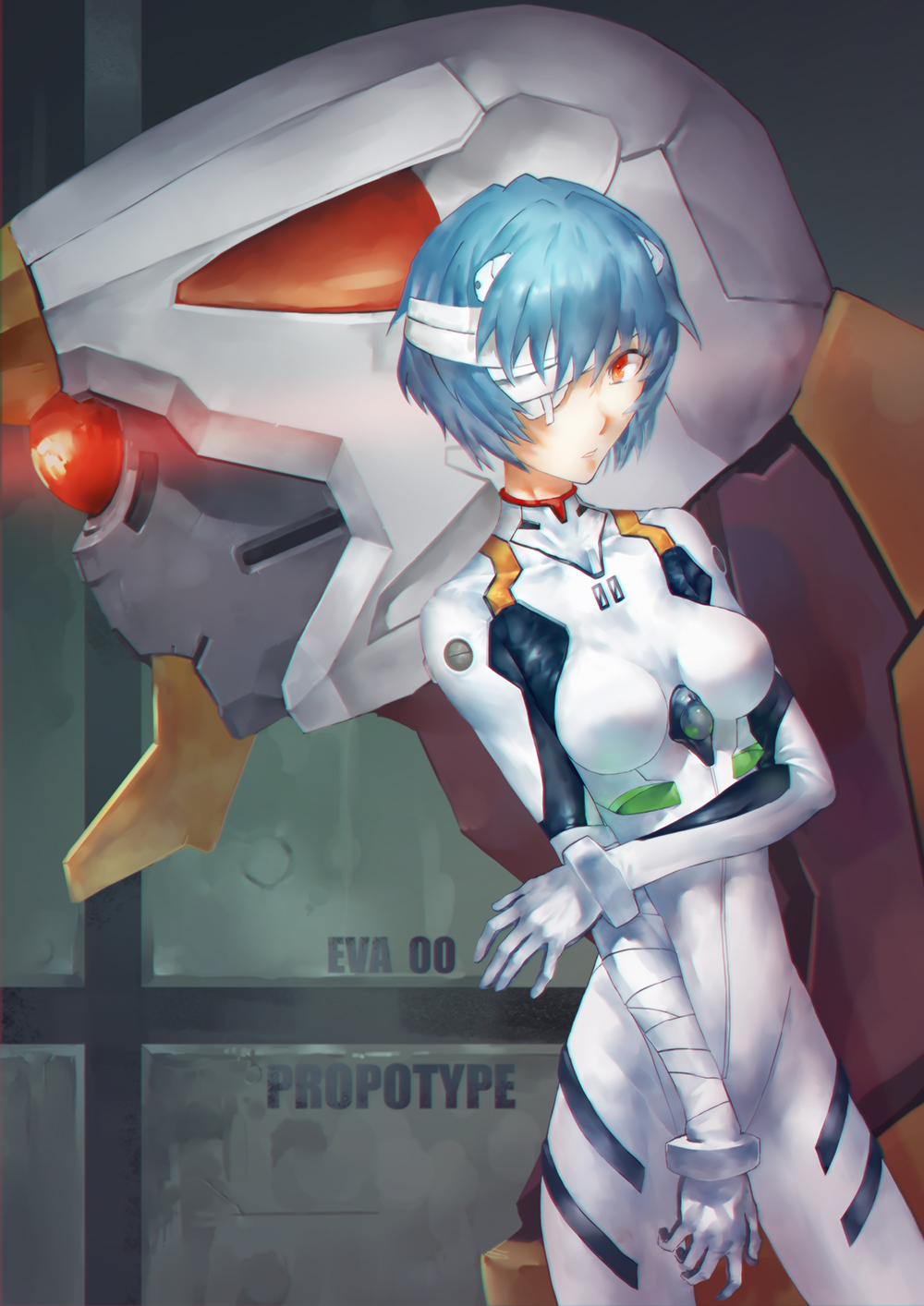 1girl ayanami_rei azomo bandage bandaged_arm bandages bangs blue_hair bodysuit breasts closed_mouth commentary contrapposto covered_navel eva_00 eyepatch highres looking_at_viewer medical_eyepatch medium_breasts neon_genesis_evangelion one_eye_covered red_eyes solo standing white_bodysuit