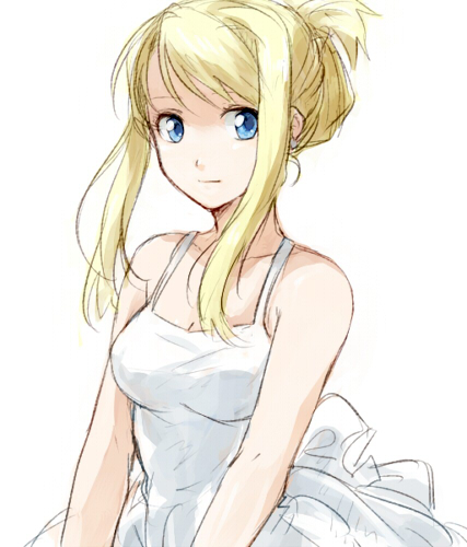 1girl arms_at_sides bangs bare_arms bare_shoulders blonde_hair blue_eyes breasts close-up dress expressionless fullmetal_alchemist looking_away lowres riru simple_background sleeveless sleeveless_dress solo tied_hair upper_body white_background white_dress winry_rockbell