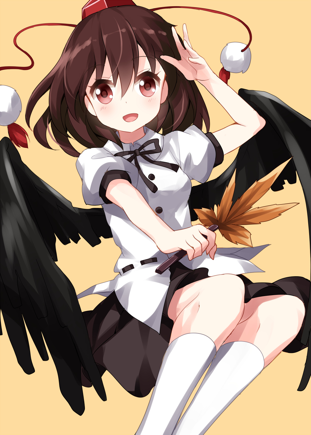 1girl arm_up belt bird_wings black_skirt blush brown_hair eyebrows_visible_through_hair feather_fan feet_out_of_frame hair_between_eyes hand_to_forehead hat highres kneehighs legs_together looking_at_viewer open_mouth outstretched_arm puffy_short_sleeves puffy_sleeves red_eyes ruu_(tksymkw) shameimaru_aya shirt short_hair short_sleeves simple_background skirt solo tokin_hat touhou untucked_shirt white_legwear white_shirt wings yellow_background