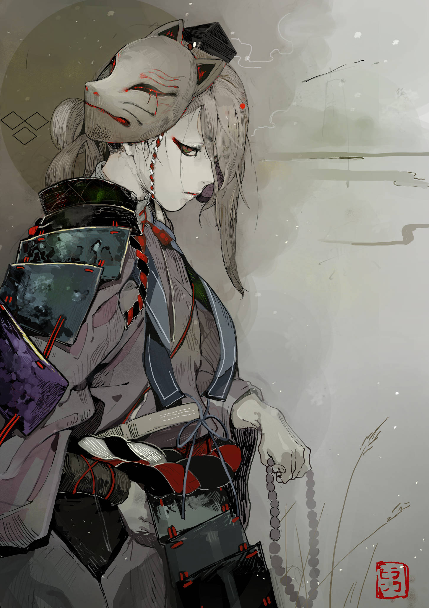 1girl armor closed_mouth commentary_request fox_mask grey_background highres hiranko holding ima-no-tsurugi japanese_armor jewelry kusazuri long_hair long_sleeves looking_at_viewer mask mask_on_head necklace red_eyes sash signature solo standing touken_ranbu wide_sleeves