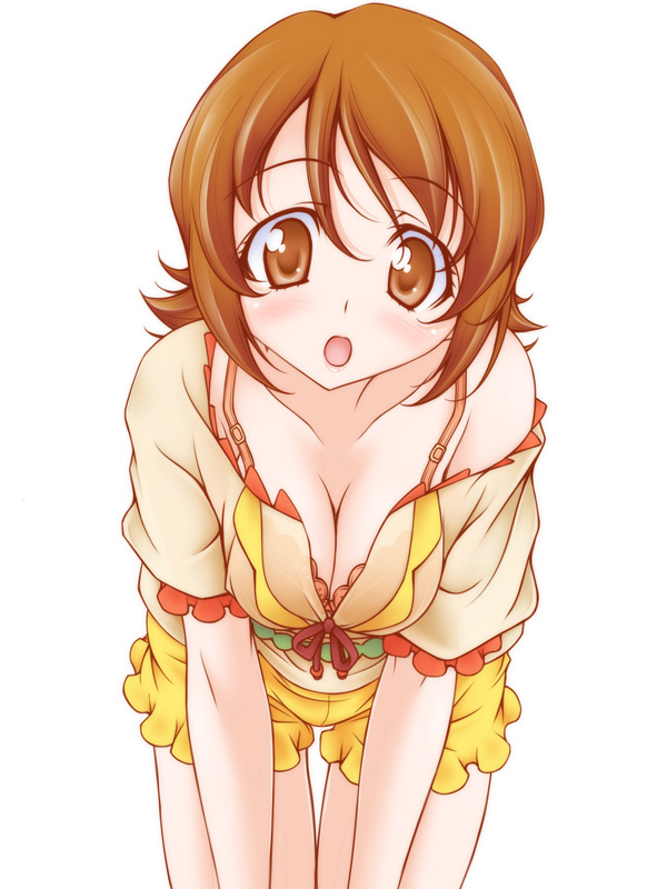 1girl :o bangs bra bra_peek breasts brown_eyes brown_hair brown_shirt cleavage collarbone eyebrows_visible_through_hair frilled_shorts frilled_sleeves frills happinesscharge_precure! head_tilt kikuchi_tsutomu lace lace-trimmed_bra leaning_forward light_blush looking_at_viewer medium_breasts medium_hair off_shoulder oomori_yuuko open_mouth orange_bra precure shirt short_shorts short_sleeves shorts simple_background solo standing thigh_gap thighs underwear white_background yellow_shorts