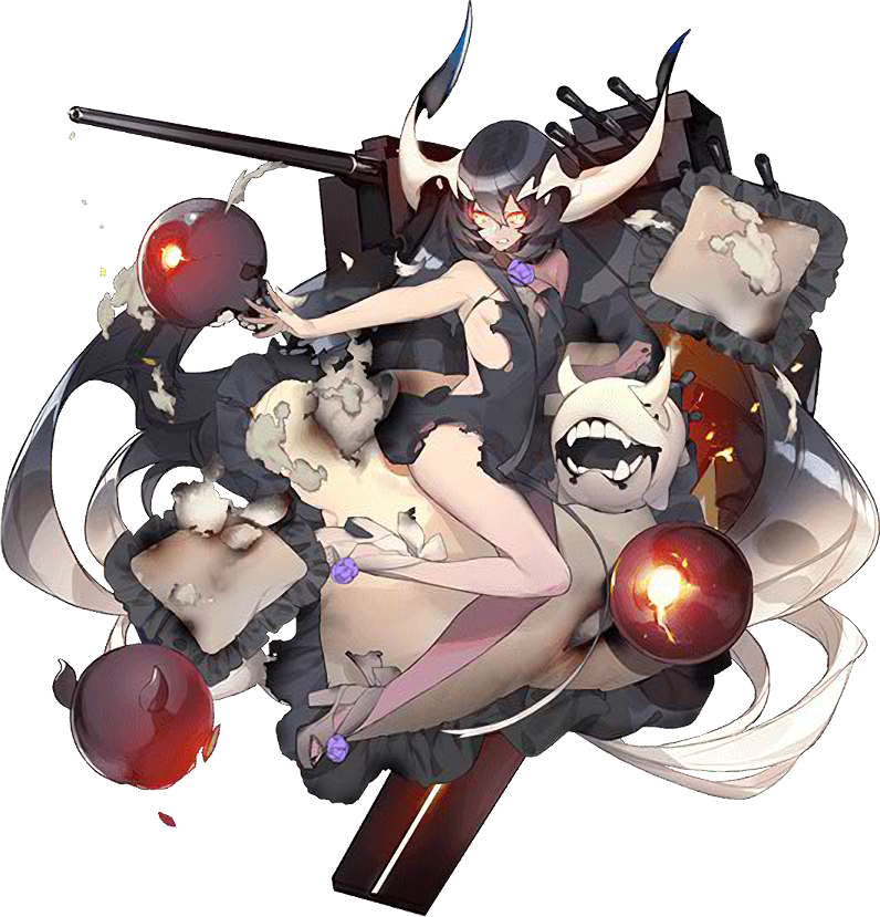 1girl akira_(kadokawa) anchorage_water_oni angry black_hair horns kantai_collection long_hair machinery official_art outstretched_arm pale_skin red_eyes shinkaisei-kan swimsuit torn_clothes turret