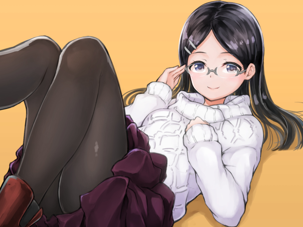 1girl bangs black_eyes black_hair black_legwear blush boots closed_mouth glasses hair_ornament hairclip lips long_hair long_sleeves looking_at_viewer lying on_back oonaka_ito pantyhose parted_bangs purple_skirt rimless_eyewear saitou_kaede_(yama_no_susume) simple_background skirt smile solo sweater white_sweater yama_no_susume