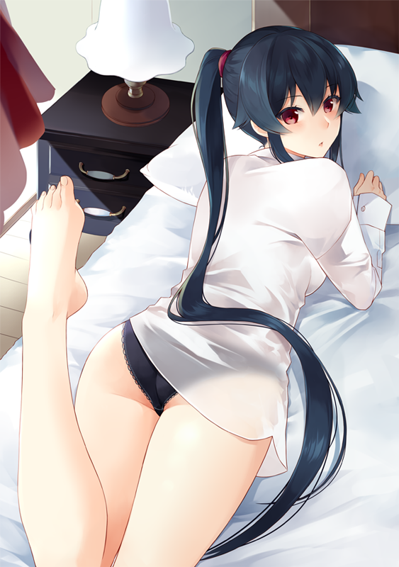 1girl ass black_hair black_panties blush chest_of_drawers curtains frilled_panties frills hair_between_eyes ichinomiya_(blantte) indoors kantai_collection lamp leg_up light_rays long_hair long_sleeves looking_at_viewer looking_back lying on_bed on_stomach panties pillow ponytail purple_scrunchie red_eyes scrunchie see-through shirt simple_background solo underwear very_long_hair white_background white_shirt window wooden_floor yahagi_(kantai_collection)