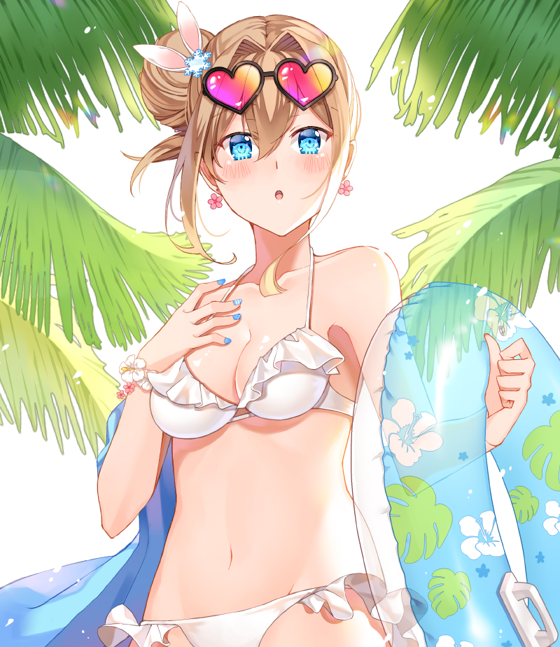 1girl :o bangs bare_arms bare_shoulders bikini blue_eyes blue_innertube blue_nails blush breasts cleavage collarbone commentary_request diten eyebrows_visible_through_hair fingernails floral_print girls_frontline groin hair_between_eyes hair_bun innertube light_brown_hair medium_breasts nail_polish navel palm_tree parted_lips side_bun simple_background solo suomi_kp31_(girls_frontline) swimsuit transparent tree white_background white_bikini