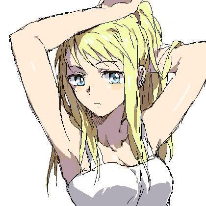 1girl armpits arms_up bangs bare_arms blonde_hair blue_eyes breasts close-up earrings expressionless eyebrows_visible_through_hair fullmetal_alchemist jewelry long_hair looking_away lowres riru shaded_face shirt simple_background sleeveless sleeveless_shirt solo upper_body white_background white_shirt winry_rockbell