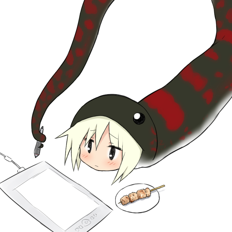 1girl bangs black_eyes blush closed_mouth drawing_tablet eyebrows_visible_through_hair food hair_between_eyes holding holding_stylus lying on_stomach original plate prehensile_tail simple_background skewer snake_costume solo stylus tablet tail white_background yakihebi