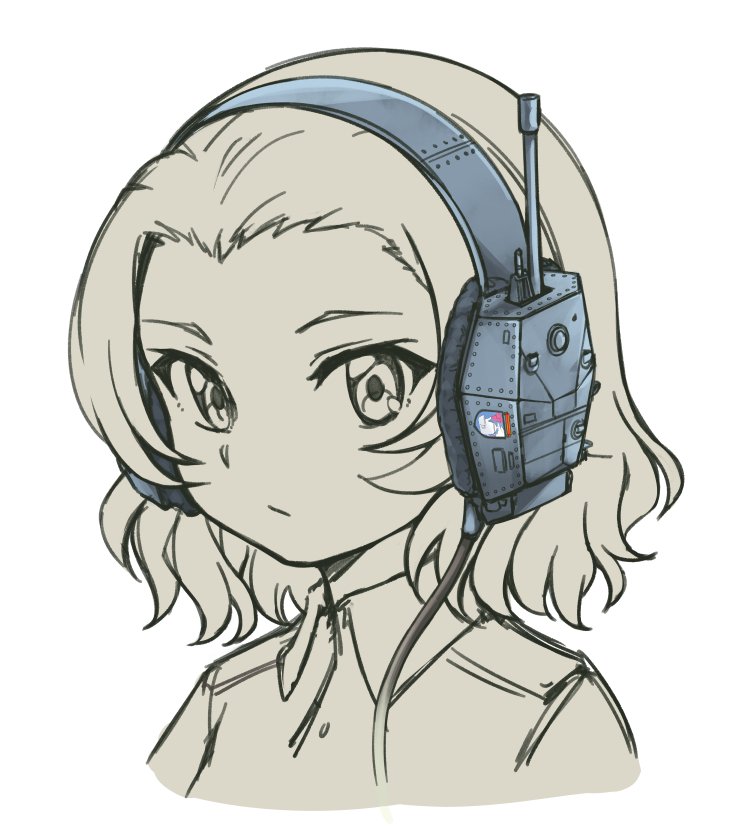 1girl closed_mouth commentary ear_protection english_commentary girls_und_panzer greyscale hair_slicked_back headphones jacket looking_at_viewer military military_uniform monochrome pas_(paxiti) portrait rosehip short_hair simple_background solo uniform white_background