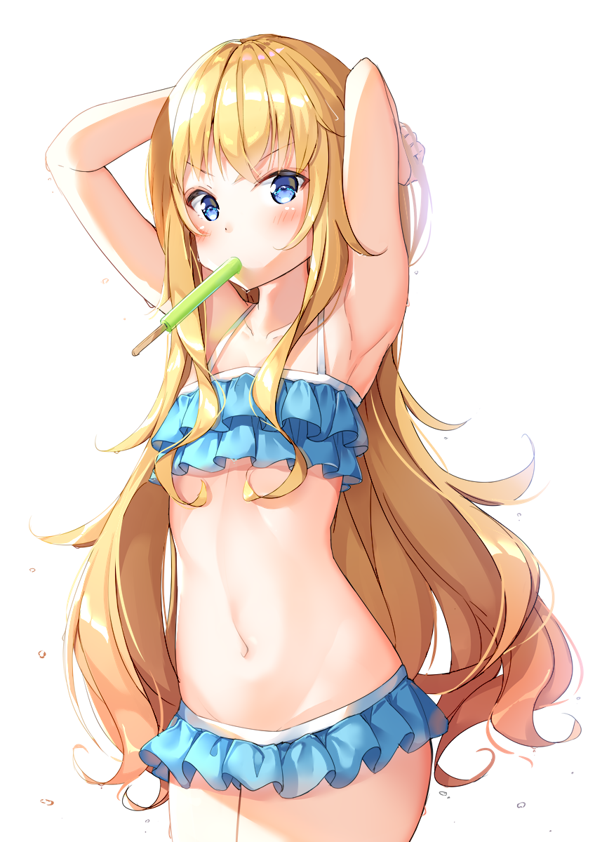 1girl armpits arms_up bikini blonde_hair blue_bikini blue_eyes blush breasts collarbone commentary_request cowboy_shot food frilled_bikini frills gabriel_dropout hands_in_hair highres ice_cream long_hair looking_at_viewer messy_hair mouth_hold navel popsicle shiero. simple_background small_breasts solo standing swimsuit tenma_gabriel_white very_long_hair white_background