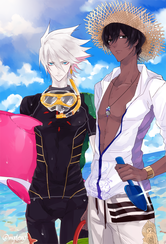 2boys 9tsumura arjuna_(fate/grand_order) ass_visible_through_thighs bare_chest beach black_hair blue_sky closed_mouth clouds cloudy_sky collarbone commentary_request dark_skin dark_skinned_male day fate/apocrypha fate/grand_order fate_(series) gold_trim goldion_hammer green_eyes hair_between_eyes holding hood hood_down hooded_jacket jacket jewelry karna_(fate) long_sleeves looking_at_viewer male_focus multiple_boys necklace ocean outdoors pale_skin skin_tight skinny sky spiky_hair standing sunlight thigh_gap toned unzipped very_dark_skin white_hair
