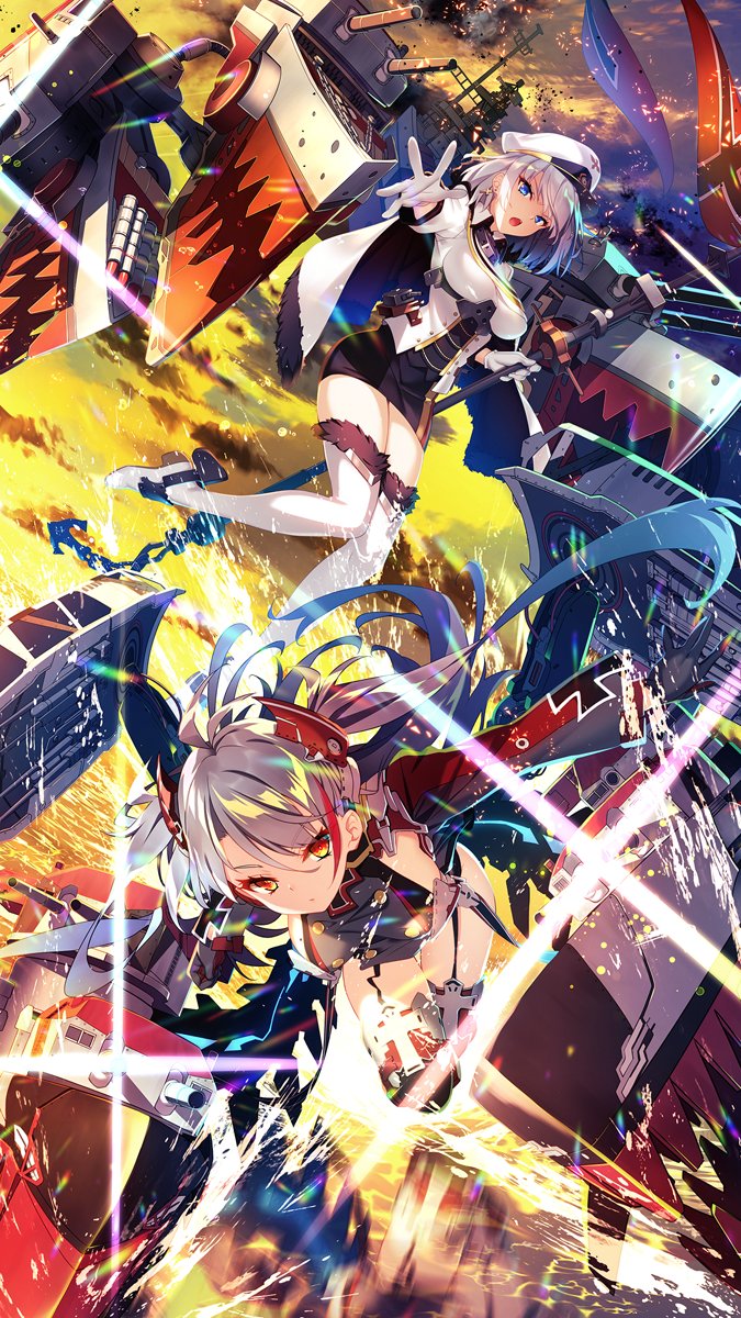 2girls action antenna_hair armpit_cutout azur_lane bangs banner blue_eyes blush boots breasts brown_eyes cannon cape cleavage closed_mouth clouds cross cross_earrings earrings evening eyebrows_visible_through_hair floating_hair fur-trimmed_cape fur-trimmed_footwear fur_trim gloves hair_between_eyes hat hayakawa_harui headgear high_heel_boots high_heels highres holding holding_staff iron_cross jacket jewelry jumping large_breasts leaning_forward leg_up light_particles long_hair long_sleeves looking_at_viewer machinery mid-stride military military_uniform mole mole_on_breast multicolored_hair multiple_girls norwegian_flag ocean open_mouth outdoors outstretched_arm peaked_cap pencil_skirt prinz_eugen_(azur_lane) redhead reflection ribbon rigging rudder_shoes running short_hair sidelocks silver_hair skirt sparkle splashing staff streaked_hair sunset thigh-highs thigh_boots thighs tirpitz_(azur_lane) torpedo_tubes turret two_side_up uniform very_long_hair water white_footwear white_gloves wide_sleeves wind wind_lift