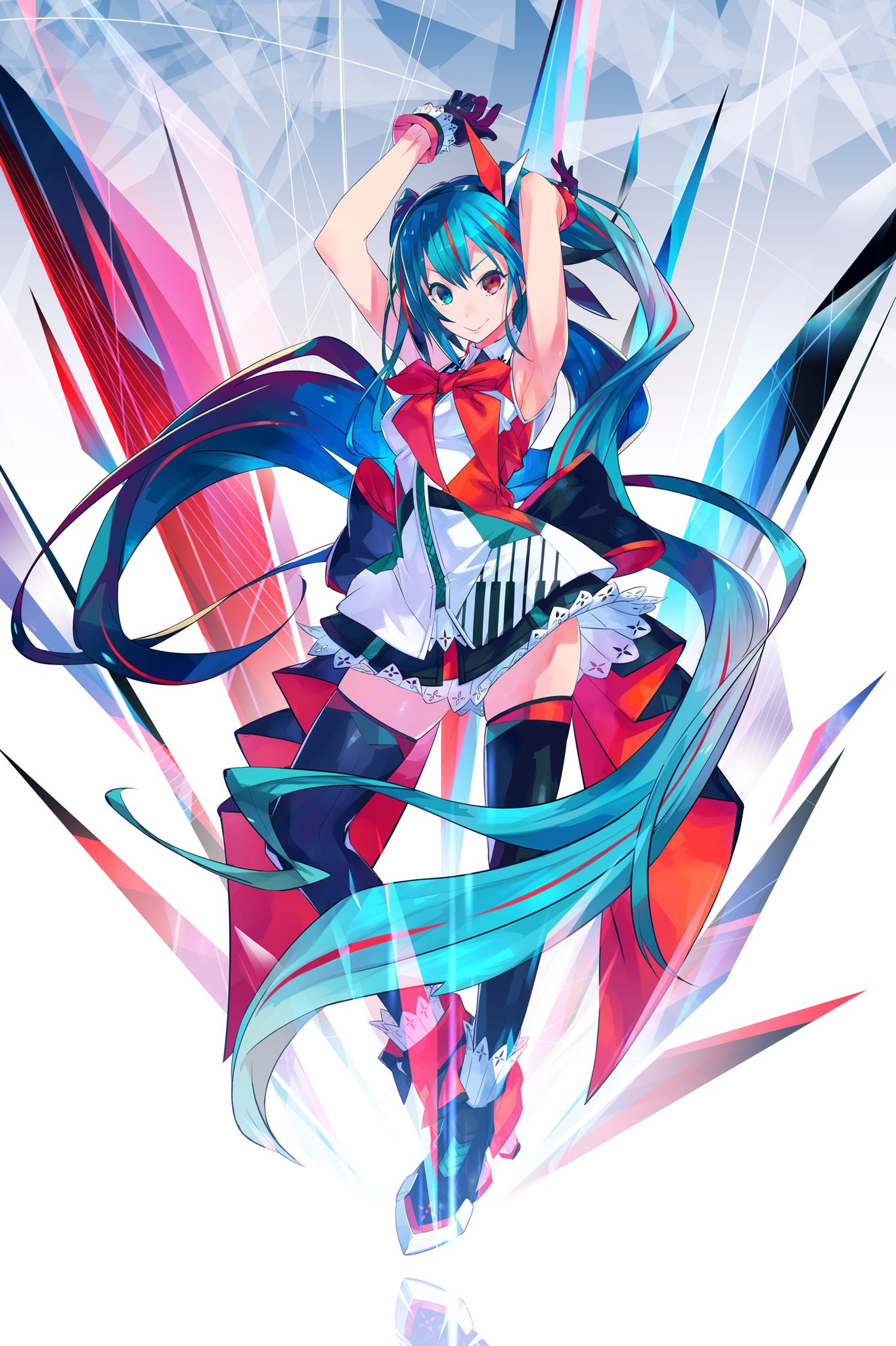 1girl absurdly_long_hair armpits arms_up black_gloves black_legwear blue_eyes blue_hair bow bowtie floating_hair full_body gloves heterochromia highres long_hair looking_at_viewer monq original red_bow red_eyes sleeves smile solo standing thigh-highs very_long_hair zettai_ryouiki