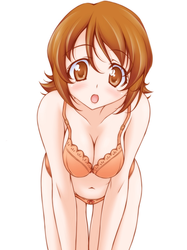 1girl :o bangs bow bow_panties bra breasts brown_eyes brown_hair cleavage collarbone eyebrows_visible_through_hair happinesscharge_precure! head_tilt kikuchi_tsutomu lace lace-trimmed_bra leaning_forward light_blush looking_at_viewer medium_breasts medium_hair oomori_yuuko open_mouth orange_bra orange_panties panties precure simple_background solo standing thigh_gap thighs underwear underwear_only white_background