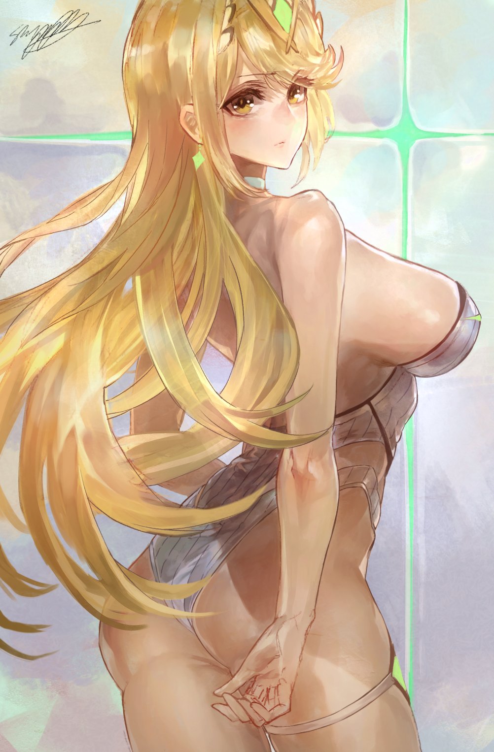 1girl ass bare_shoulders blonde_hair breasts female headpiece highres mythra_(xenoblade) large_breasts long_hair looking_at_viewer matching_hair/eyes nintendo one-piece_swimsuit sideboob signo_aaa simple_background solo swimsuit xenoblade_(series) xenoblade_2 yellow_eyes