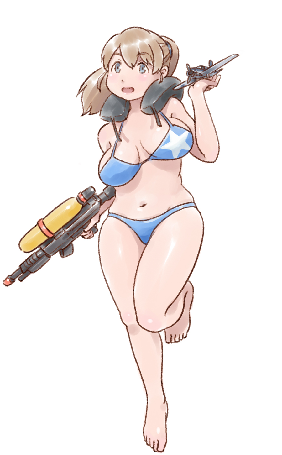 1girl aircraft airplane barefoot bikini blue_bikini blue_eyes breasts brown_hair commentary_request full_body highres intrepid_(kantai_collection) kantai_collection karasu_(naoshow357) large_breasts navel neck_pillow ponytail short_hair simple_background solo super_soaker swimsuit water_gun white_background