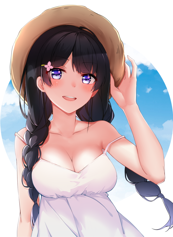 1girl :d akaza_akari_(artist) arm_at_side bangs bare_arms bare_shoulders blue_eyes blue_sky blush braid breasts brown_hat cleavage collarbone commentary_request day dress eyebrows_visible_through_hair flower hair_flower hair_ornament hairclip hand_on_headwear hand_up hat long_hair looking_at_viewer medium_breasts nijisanji open_mouth outside_border round_teeth sky sleeveless sleeveless_dress smile solo strap_slip sundress teeth tsukino_mito twin_braids upper_body upper_teeth virtual_youtuber white_dress