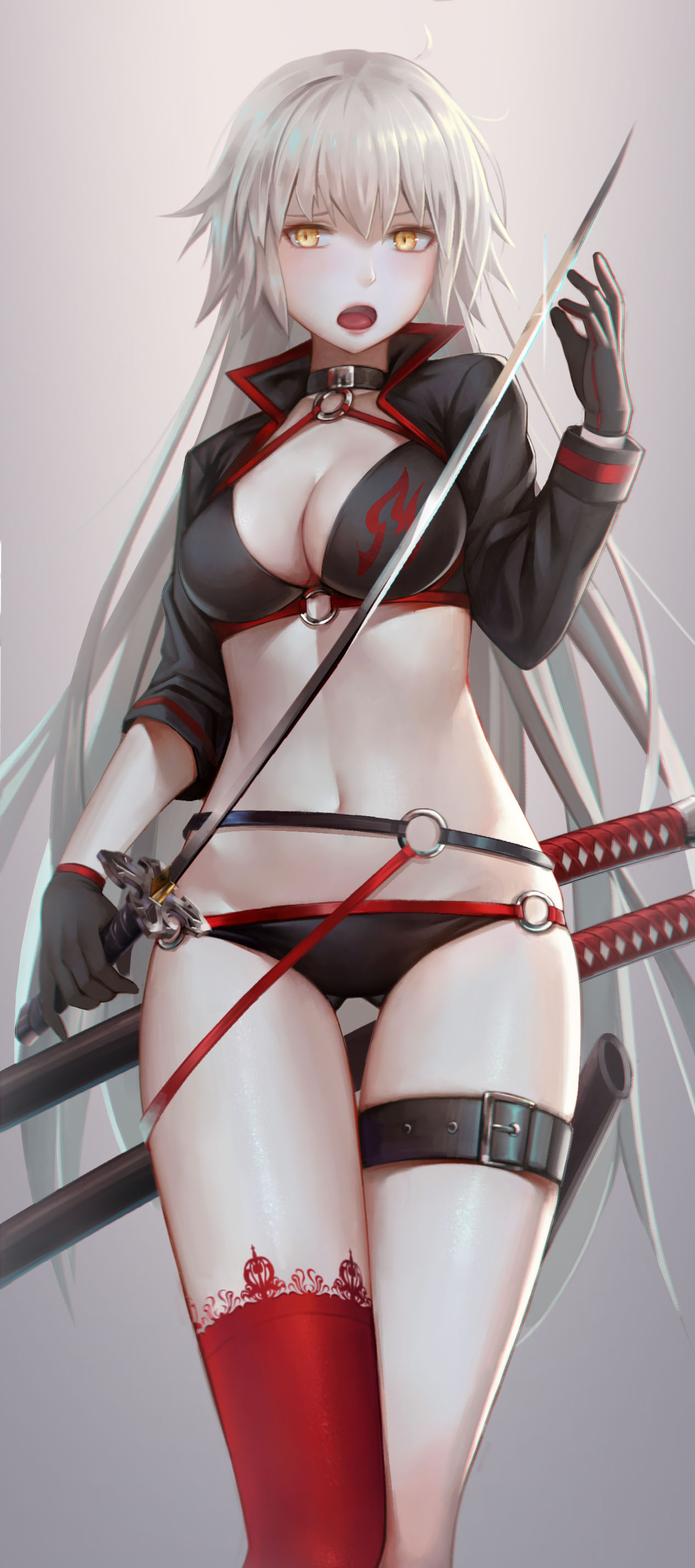 1girl absurdres asymmetrical_legwear bikini black_bikini black_gloves breasts cleavage collarbone fate/grand_order fate_(series) gloves grey_background highres holding holding_sword holding_weapon jeanne_d'arc_(alter_swimsuit_berserker) jeanne_d'arc_(fate)_(all) long_hair looking_away medium_breasts navel negi3 o-ring o-ring_bikini open_mouth print_bikini_top red_legwear shiny shiny_hair silver_hair solo standing swimsuit sword thigh-highs thigh_strap very_long_hair weapon yellow_eyes