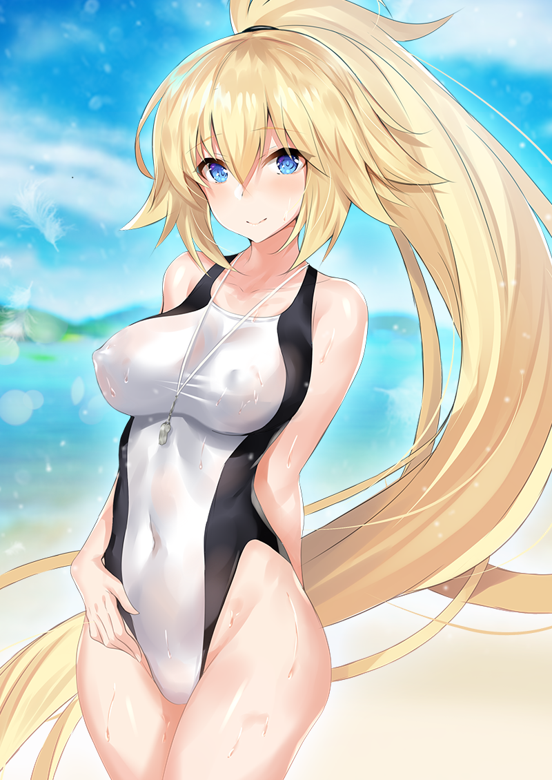 1girl beach blonde_hair blue_eyes blue_sky clouds competition_swimsuit cowboy_shot day ero_waifu fate/grand_order fate_(series) high_ponytail jeanne_d'arc_(fate) jeanne_d'arc_(fate)_(all) jeanne_d'arc_(swimsuit_archer) long_hair looking_at_viewer one-piece_swimsuit outdoors ponytail sky smile solo swimsuit whistle whistle_around_neck white_swimsuit