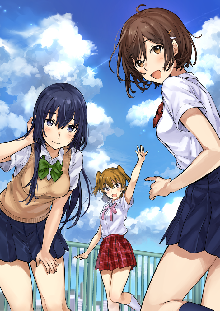 3girls :d ahoge arm_up bangs blue_eyes blue_hair blue_skirt blue_sky blush bow bowtie breasts brown_eyes brown_hair clouds commentary_request condensation_trail day eyebrows_visible_through_hair feet_out_of_frame fence green_neckwear grey_eyes hair_between_eyes hair_ornament hairclip leaning_forward light_brown_hair long_hair medium_breasts multiple_girls open_mouth original outdoors pink_neckwear plaid plaid_skirt pleated_skirt red_neckwear school_uniform shirt short_hair short_sleeves skirt sky smile socks sweater_vest tan_(tangent) two_side_up waving white_legwear white_shirt