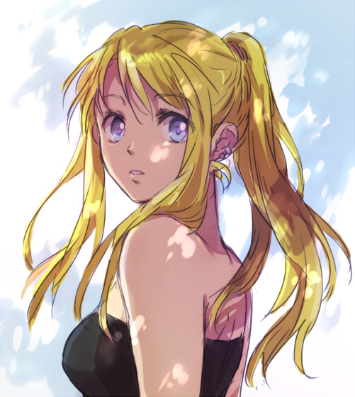 1girl arm arms_at_sides back bangs bare_arms bare_back bare_shoulders black_tubetop blonde_hair blue_eyes breasts close-up dappled_sunlight eyebrows_visible_through_hair eyes_visible_through_hair female from_behind fullmetal_alchemist highres long_hair looking_at_viewer looking_back medium_breasts open_mouth parted_lips piercing ponytail riru shade sidelocks solo strapless sunlight swept_bangs tubetop upper_body winry_rockbell
