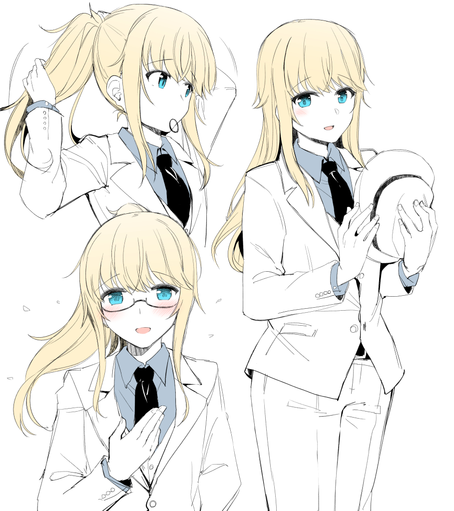 1other :d arm_behind_back arms_up bangs bespectacled black_neckwear blonde_hair blue_eyes blue_shirt chevalier_d'eon_(fate/grand_order) collared_shirt eyebrows_visible_through_hair fate/grand_order fate_(series) fedora flying_sweatdrops formal glasses hair_tie hand_up hat hat_removed headwear_removed holding holding_hat jacket long_hair long_sleeves looking_at_viewer motion_lines mouth_hold multiple_views necktie open_mouth pants ponytail rui_shi_(rayze_ray) shirt sidelocks simple_background smile suit tying_hair white_background white_jacket white_pants wing_collar