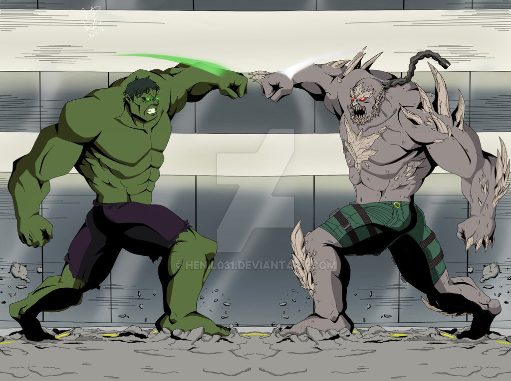 battle black_hair character_request crossover dc_comics doomsday_(dc) fighting giant glowing glowing_eyes green_eyes green_skin grey_skin henil031 hulk marvel monster muscle red_eyes spikes tagme