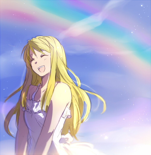 1girl ^_^ arms_at_sides bare_arms bare_shoulders blonde_hair closed_eyes closed_eyes day dress eyebrows_visible_through_hair floating_hair fullmetal_alchemist happy long_hair open_mouth outdoors rainbow riru sky sleeveless sleeveless_dress smile solo upper_body white_dress winry_rockbell