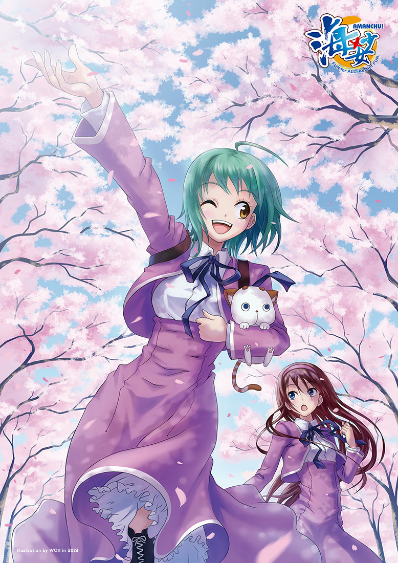 2013 2girls :o ;d ahoge amanchu! aqua_hair aria_(amanchu!) artist_name blue_eyes blue_ribbon brown_eyes brown_hair cat cherry_blossoms copyright_name cross-laced_footwear dress from_below hairband holding holding_cat kohinata_hikari logo long_hair long_sleeves multiple_girls one_eye_closed ooki_futaba open_mouth outdoors outstretched_arm outstretched_hand petals purple_dress ribbon school_uniform short_hair smile tree wox