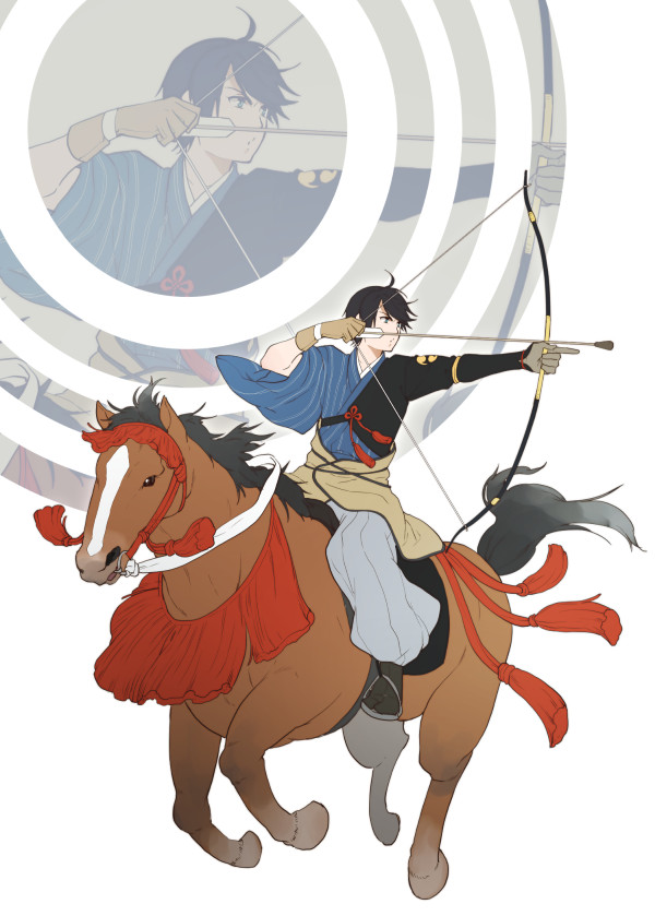 1boy ahoge archery arrow black_hair bow_(weapon) drawing_bow hakama hakama_skirt holding holding_arrow holding_bow_(weapon) holding_weapon horikawa_kunihiro horse horseback_archery horseback_riding japanese_clothes male_focus muneate riding sandals solo tabi touken_ranbu weapon yuzuru