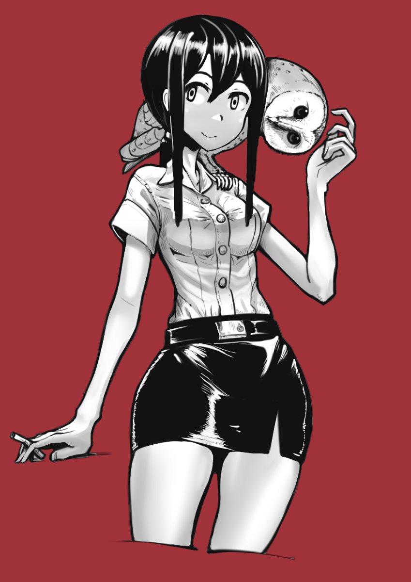 1girl belt bird bra_through_clothes breasts cigarette closed_mouth collared_shirt cropped_legs erica_(naze1940) greyscale hair_between_eyes hand_up highres holding holding_cigarette looking_at_viewer medium_breasts miniskirt monochrome original owl pencil_skirt ponytail red_background shirt short_sleeves sidelocks simple_background skirt smile solo standing wing_collar