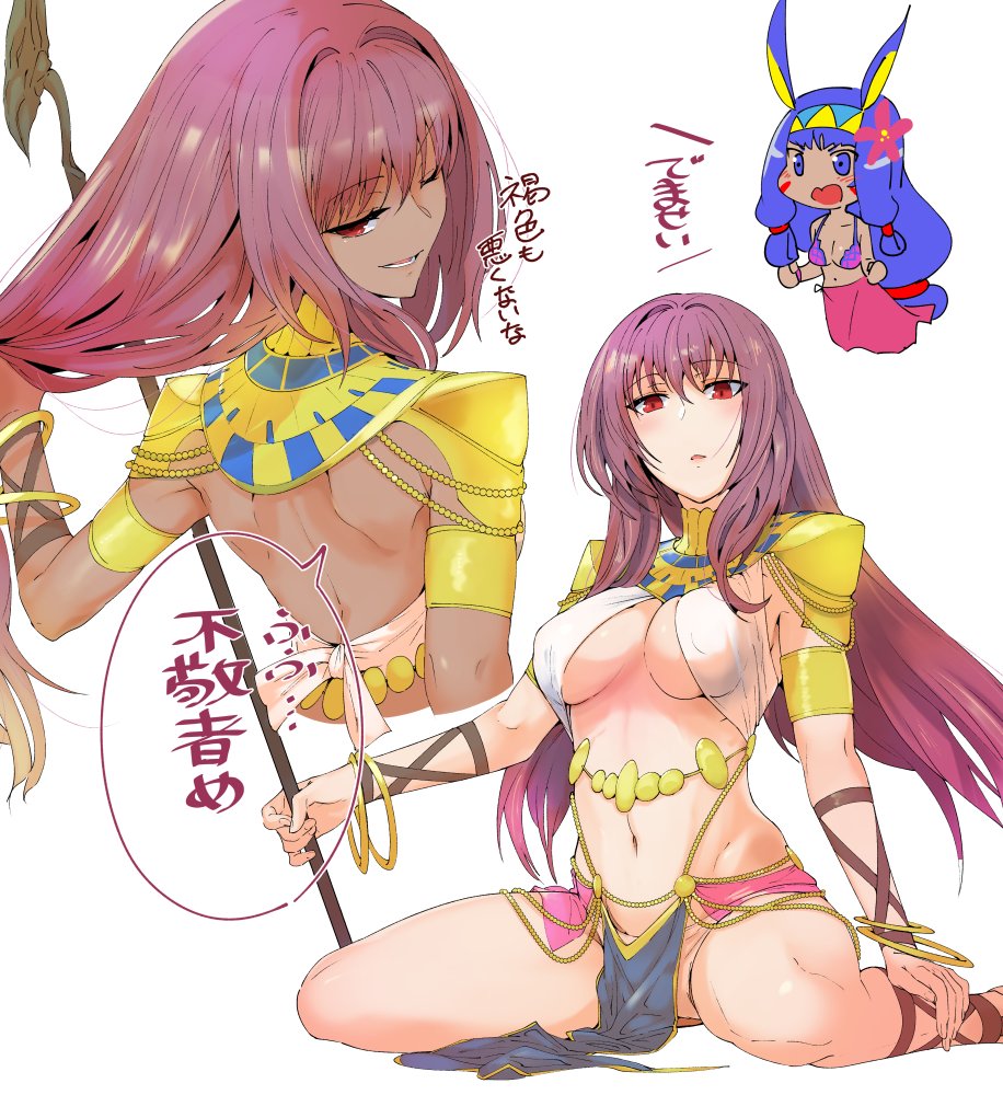 2girls backless_outfit bikini_top blue_eyes blue_hair bracelet breasts chibi comic commentary_request cosplay criss-cross_halter dark_skin donkey_ears fate/grand_order fate_(series) flower hair_between_eyes hair_flower hair_ornament hairband halterneck holding holding_staff jewelry large_breasts long_hair looking_at_viewer low_ponytail multiple_girls navel nitocris_(fate/grand_order) one_eye_closed pelvic_curtain purple_hair red_eyes scathach_(fate)_(all) scathach_(fate/grand_order) scathach_(swimsuit_assassin)_(fate) scathach_(swimsuit_assassin)_(fate)_(cosplay) shoulder_pads sidelocks smile staff torc torichamaru translation_request under_boob