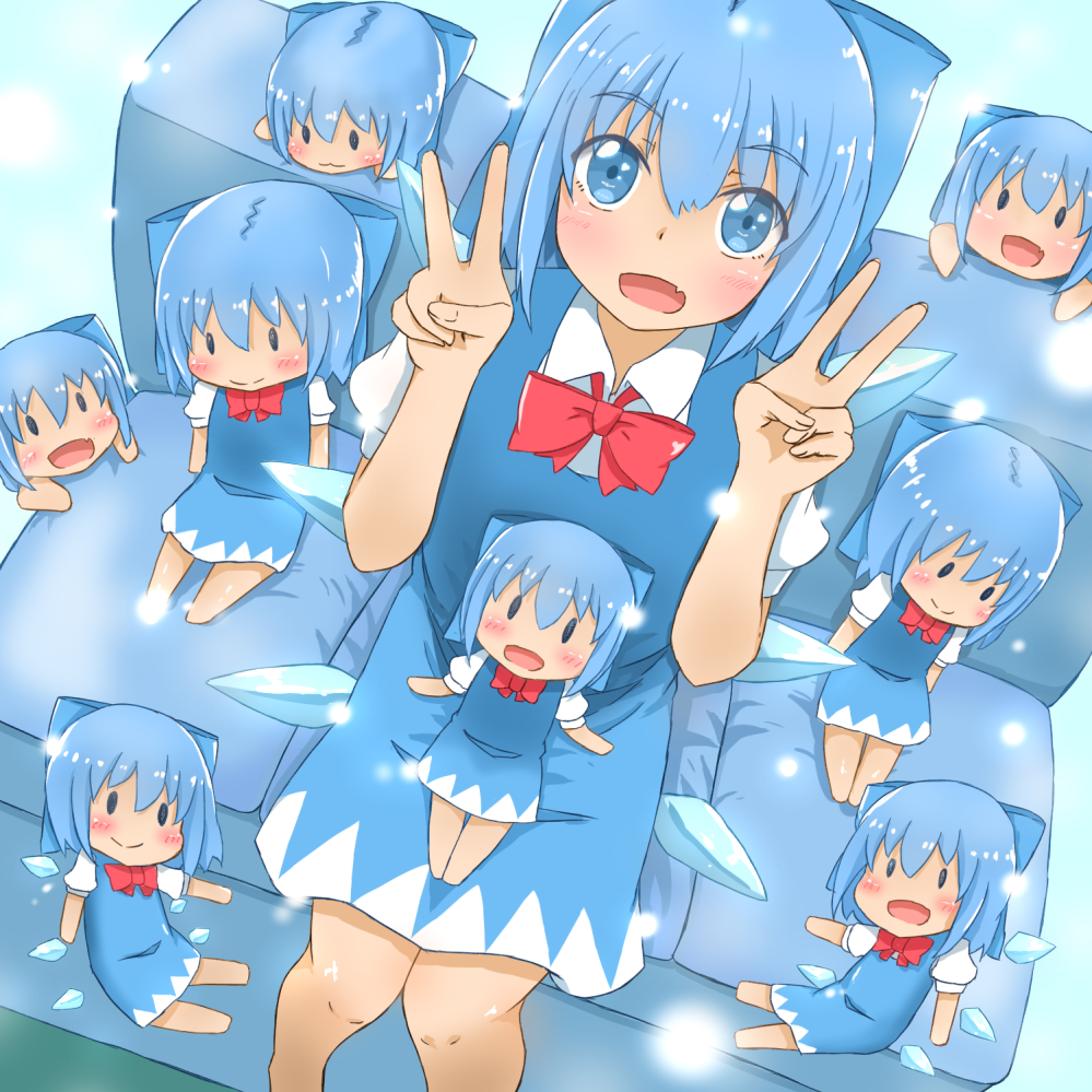 6+girls :3 arms_up blue_bow blue_dress blue_eyes blue_hair blush bow chibi cirno clone commentary_request couch double_v dress dutch_angle eyebrows_visible_through_hair fang feet_out_of_frame from_above hair_between_eyes hair_bow light_particles looking_at_viewer mizune_(winter) multiple_girls open_mouth pinafore_dress red_neckwear red_ribbon ribbon shirt simple_background sitting sitting_on_lap sitting_on_person smile solid_oval_eyes touhou v white_shirt wings