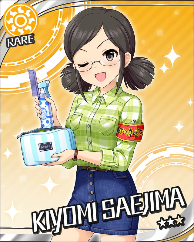 black_eyes black_hair blush character_name dress glasses idolmaster idolmaster_cinderella_girls saejima_kiyomi short_hair smile stars wink