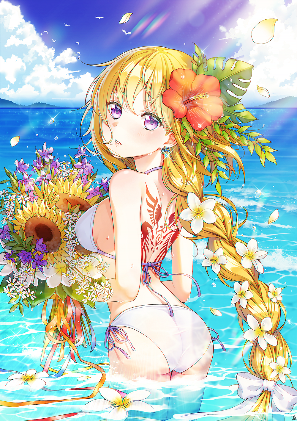 1girl ass bikini blonde_hair blue_sky bouquet bow braid breasts clouds command_seal cute day fate/apocrypha fate/grand_order fate_(series) floating_hair flower from_behind hair_bow hair_flower hair_ornament head_tilt hibiscus highres holding holding_bouquet jeanne_d'arc_(fate) jeanne_d'arc_(fate)_(all) lens_flare long_hair looking_at_viewer looking_back outdoors parted_lips petals purple_flower purple_ribbon red_flower red_ribbon ribbon ruler_(fate/apocrypha) shiny shiny_hair side-tie_bikini sideboob single_braid sky solo sparkle standing sunlight swimsuit tattoo very_long_hair violet_eyes wading white_bikini white_bow white_flower yellow_ribbon