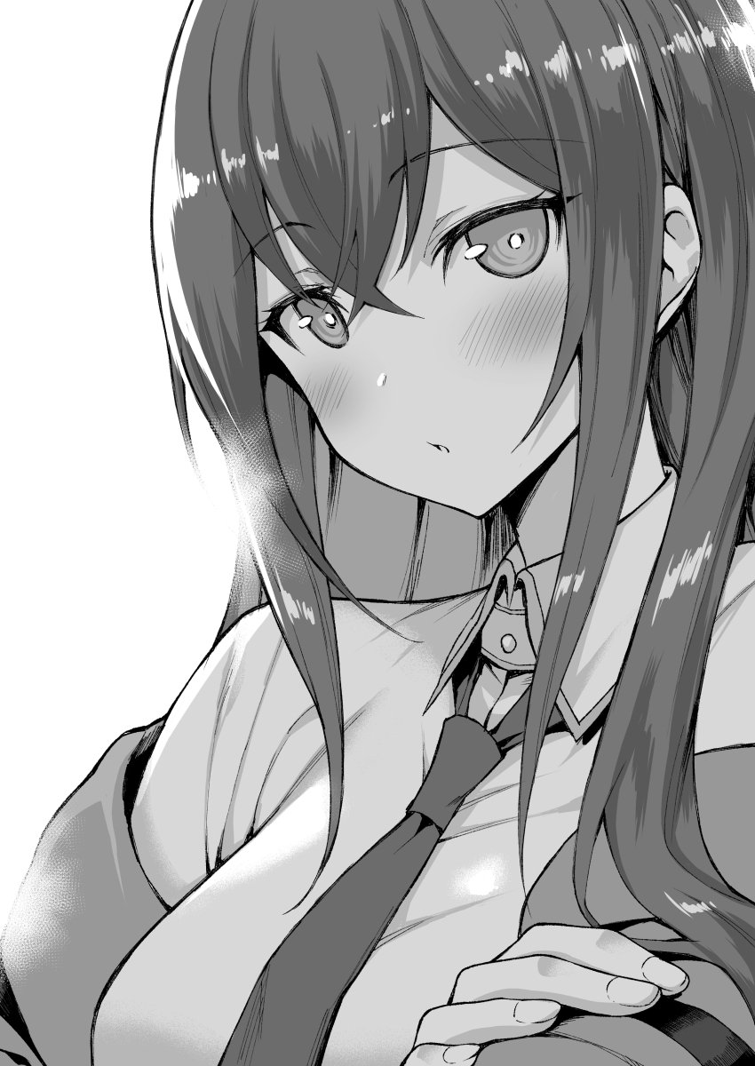 1girl :o bangs blush breasts collared_shirt crossed_arms eyebrows_visible_through_hair greyscale hair_between_eyes highres jacket long_hair long_sleeves looking_at_viewer makise_kurisu medium_breasts monochrome mushi024 necktie off_shoulder shiny shiny_hair shirt solo steins;gate upper_body white_background