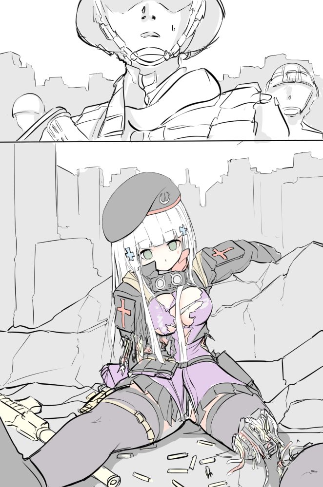 1girl amputee android beret bodysuit breasts comic girls_frontline grey_hair gun hat hk416_(girls_frontline) long_hair mechanical_parts no_pupils rifle shell_casing sweat take_(trude1945oneetyan) thighs weapon