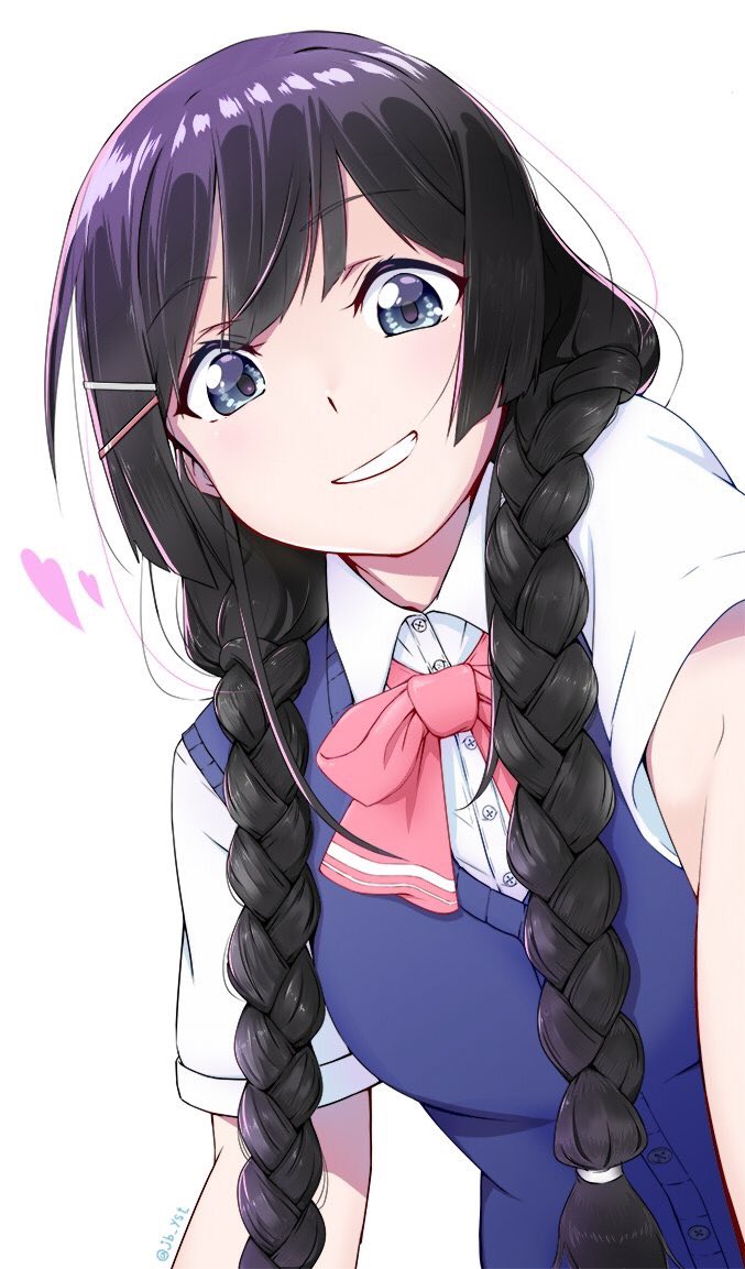 1girl artist_request black_hair blue_eyes blue_vest bow bowtie braid eyebrows_visible_through_hair hair_ornament hair_over_shoulder hairclip long_hair looking_at_viewer nijisanji pink_bow school_uniform shirt short_sleeves smile solo tsukino_mito twin_braids vest white_shirt