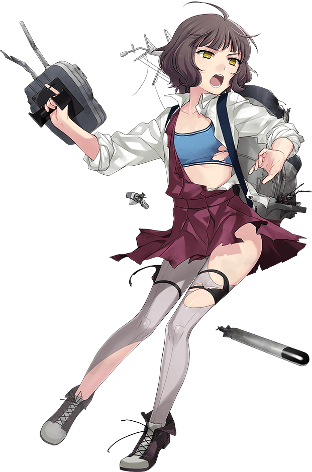 1girl bangs blunt_bangs boots bow bowtie brown_hair cross-laced_footwear dress fujikawa kantai_collection kishinami_(kantai_collection) long_sleeves official_art pantyhose pleated_dress purple_dress purple_legwear school_uniform shirt short_hair sleeves_past_wrists torn_clothes torpedo torpedo_launcher transparent_background turret wavy_hair white_shirt yellow_eyes