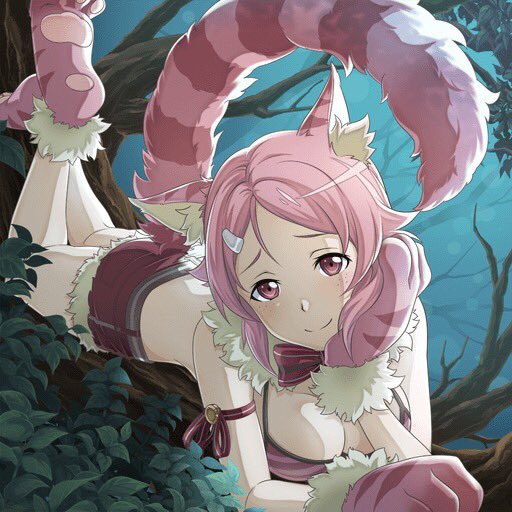 1girl animal_ears arm_ribbon bangs bow bowtie breasts cat_ears cat_tail cheshire_cat cheshire_cat_(cosplay) chin_rest cleavage cosplay forest fur_trim gloves hair_ornament hairclip lisbeth looking_at_viewer lying medium_breasts nature official_art on_stomach outdoors parted_bangs paw_gloves paw_shoes paws pink_bikini_top pink_eyes pink_footwear pink_gloves pink_hair pink_tail red_bow red_neckwear red_ribbon red_shorts ribbon shiny shiny_hair shoes short_hair short_shorts shorts smile solo striped_bikini_top striped_tail sword_art_online tail the_pose tree