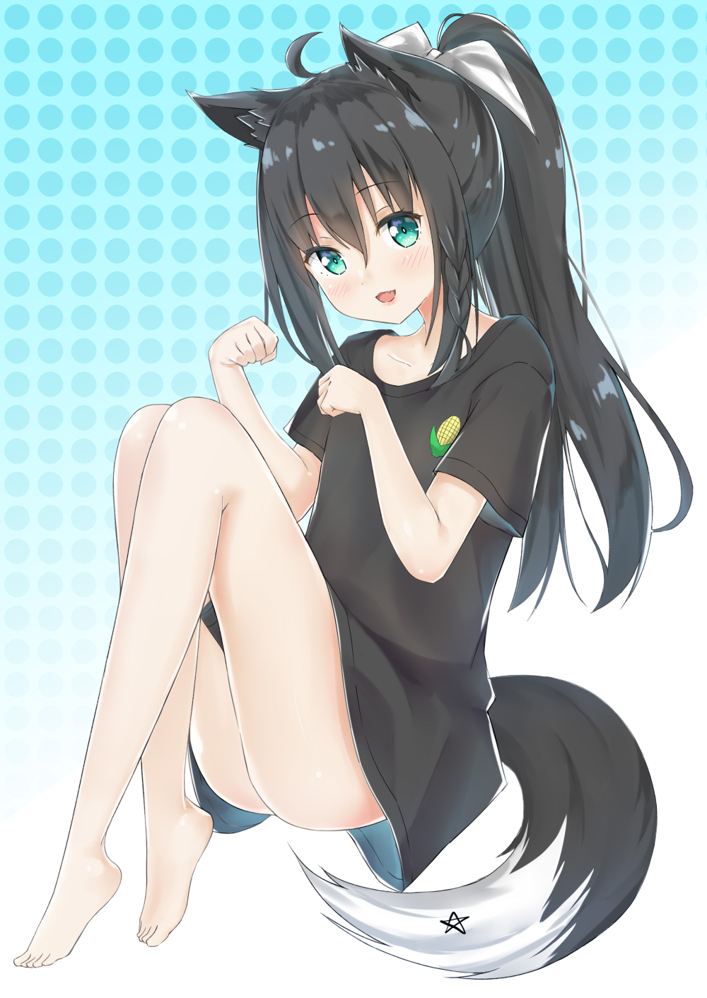 1girl :d alternate_hair_color animal_ears aqua_background aqua_eyes bare_legs barefoot black_hair braid fang fox_ears fox_girl fox_tail fuji_noyume full_body gradient gradient_background hair_ribbon highres hololive long_hair naked_shirt open_mouth ponytail ribbon shirakami_fubuki shirt side_braid simple_background smile tail two-tone_background virtual_youtuber white_background