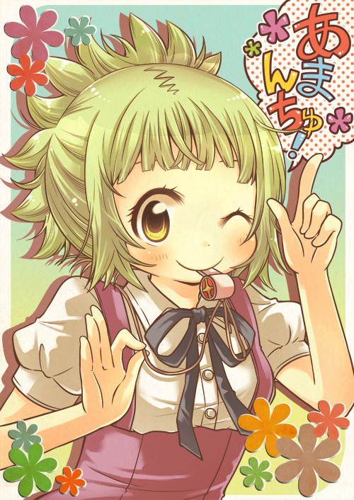 1girl alternate_hairstyle amanchu! bangs black_ribbon blunt_bangs closed_mouth copyright_name green_hair index_finger_raised kohinata_hikari looking_at_viewer one_eye_closed pointing ponytail puffy_short_sleeves puffy_sleeves ribbon semausa short_ponytail short_sleeves solo speech_bubble upper_body whistle yellow_eyes