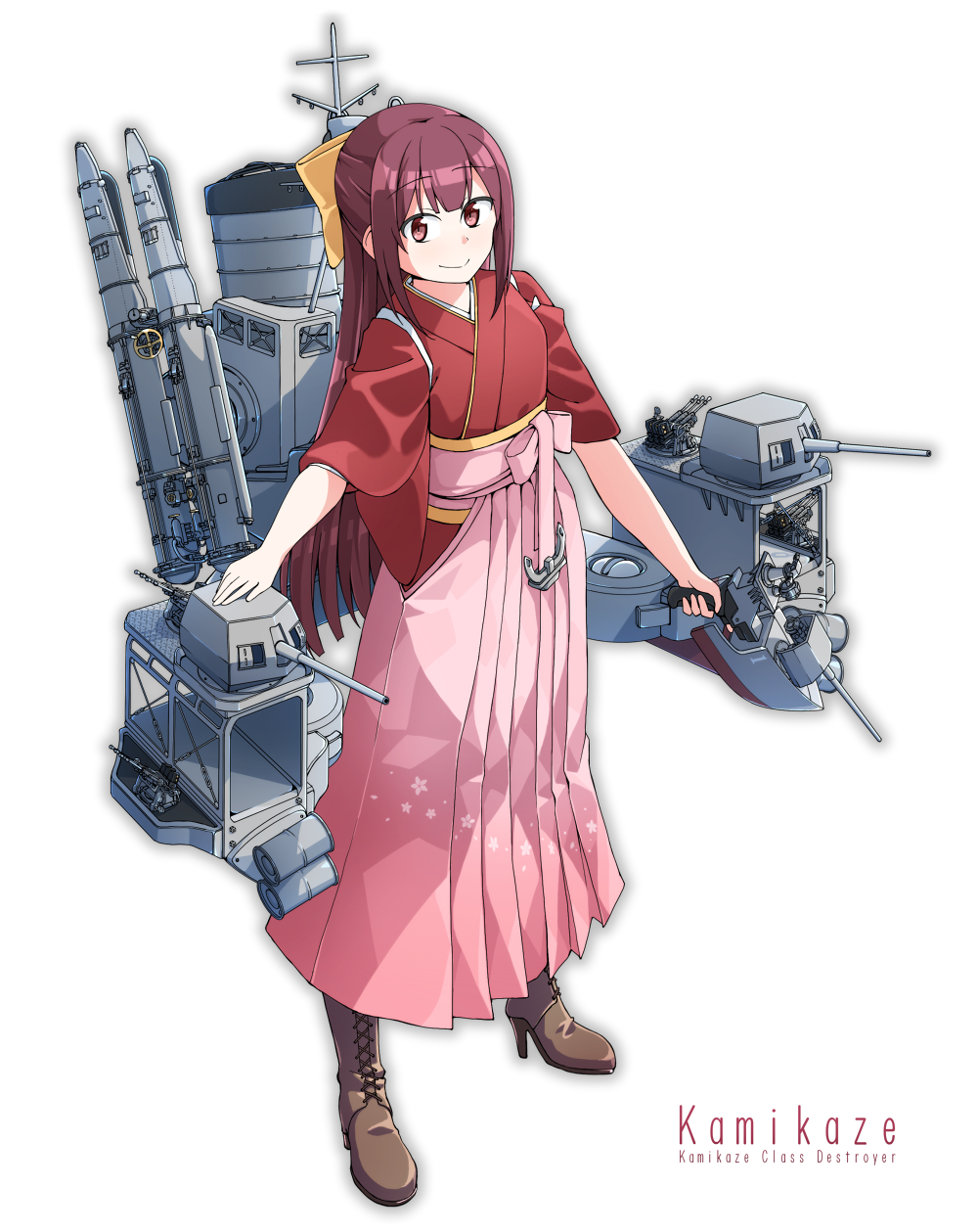 1girl anchor baseu boots bow brown_eyes cannon character_name cross-laced_footwear full_body hair_bow hakama highres japanese_clothes kamikaze_(kantai_collection) kantai_collection kimono lace-up_boots long_hair looking_at_viewer machinery meiji_schoolgirl_uniform pink_hakama purple_hair red_kimono ribbon simple_background smokestack solo standing tasuki turret twitter_username white_background yellow_bow yellow_ribbon