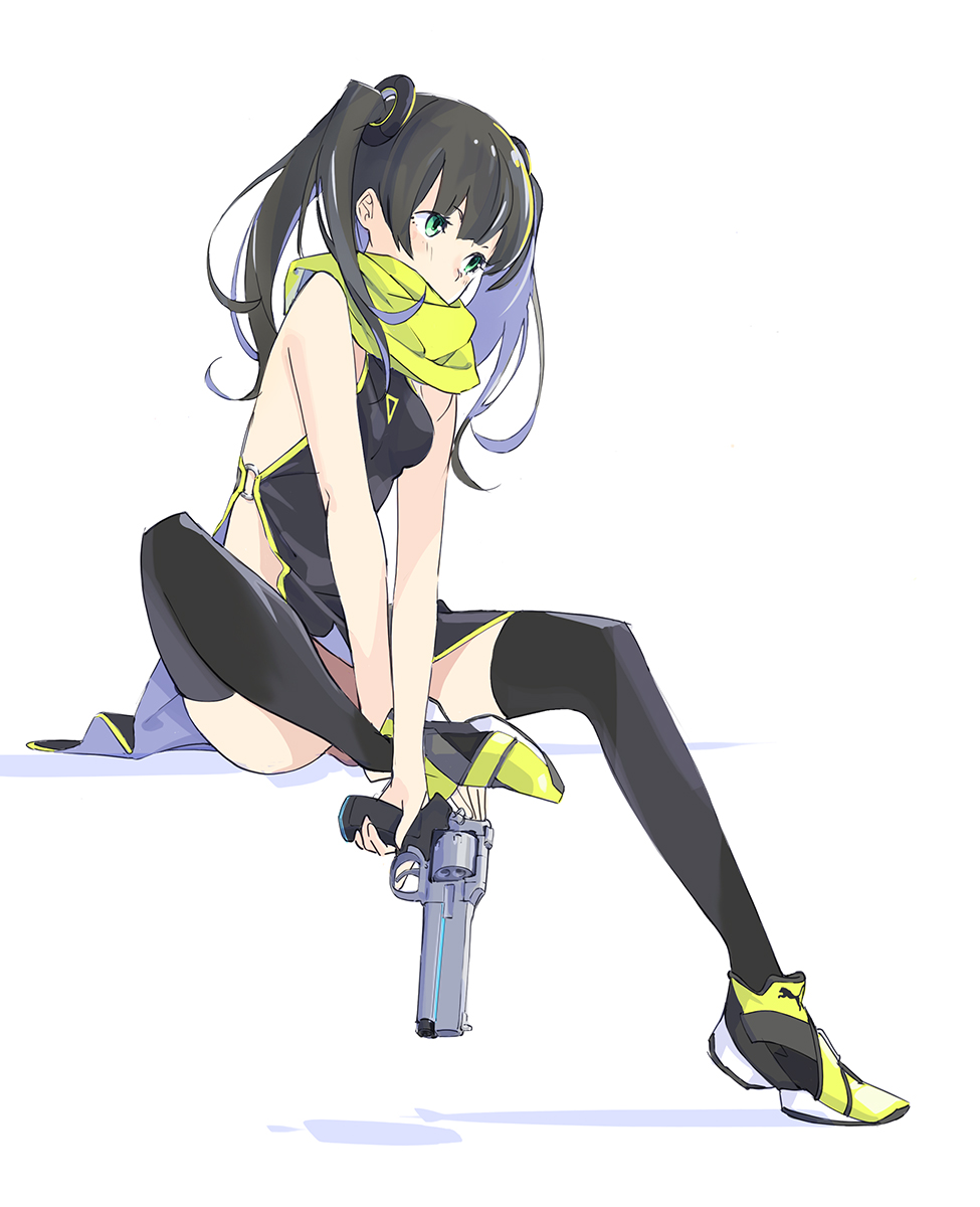 1girl bangs bare_arms bare_shoulders black_dress black_hair black_legwear blonde_hair blush breasts commentary_request covered_mouth dress full_body green_eyes green_footwear green_scarf gun hair_ornament handgun highres holding holding_gun holding_weapon long_hair looking_away multicolored_hair original pelvic_curtain popman3580 revolver scarf shoes sitting sleeveless sleeveless_dress small_breasts solo streaked_hair thigh-highs twintails weapon
